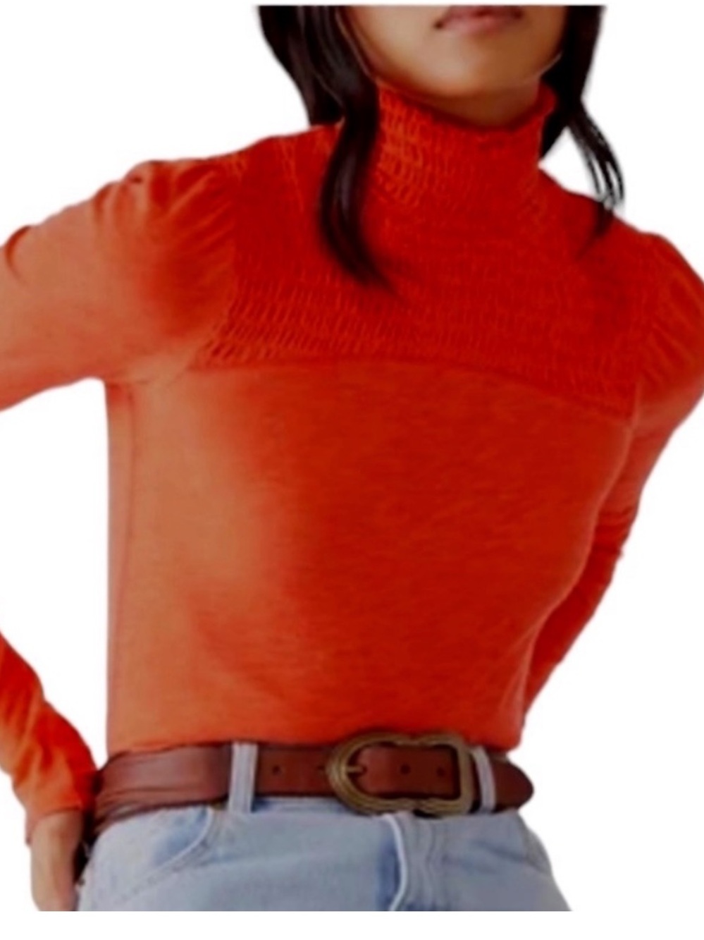 We The Free People Caroline Smocked Turtleneck Top Shirt Orange Flame Medium